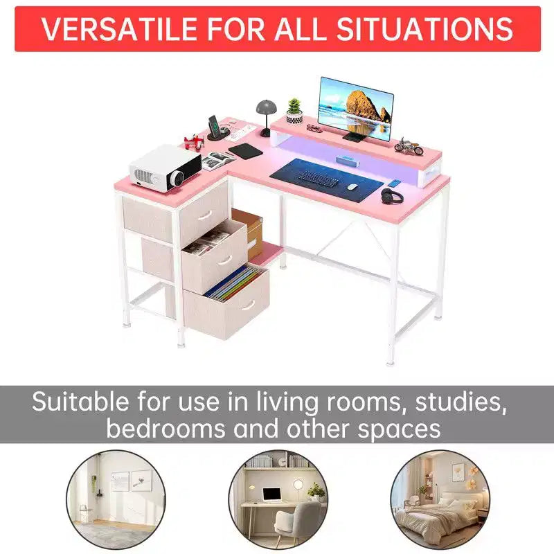 Bureau d'angle en U pour gamer, bureau d'ordinateur réversible en L avec prise de courant et bande LED