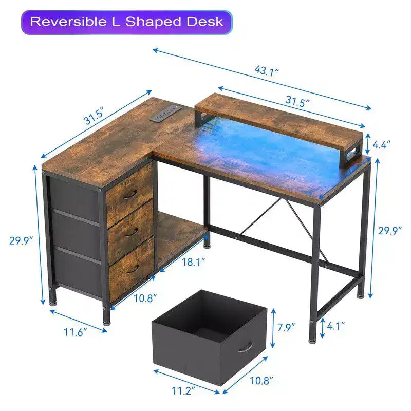 Bureau d'angle en U pour gamer, bureau d'ordinateur réversible en L avec prise de courant et bande LED