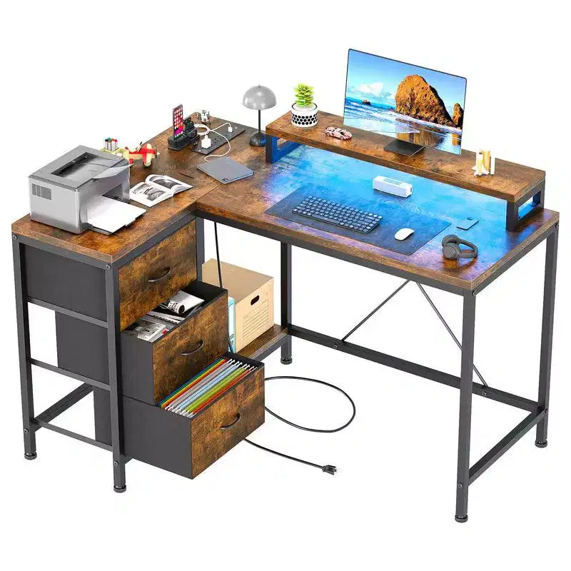 Bureau d'angle en U pour gamer, bureau d'ordinateur réversible en L avec prise de courant et bande LED