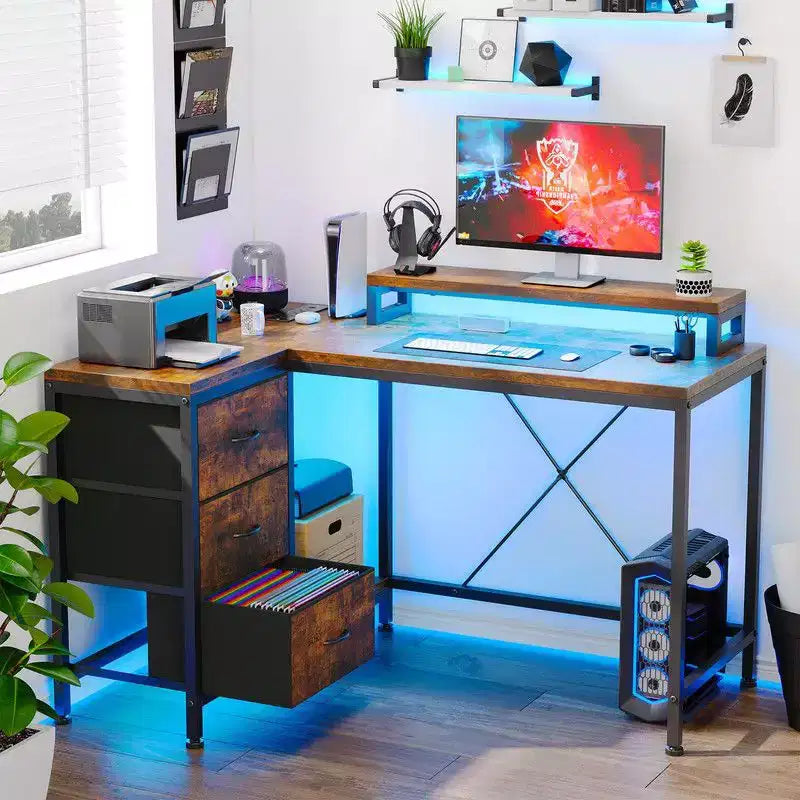 Bureau d'angle en U pour gamer, bureau d'ordinateur réversible en L avec prise de courant et bande LED