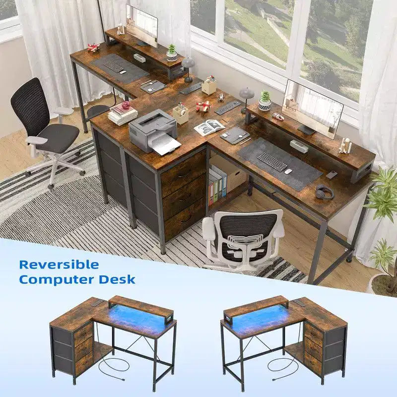 Bureau d'angle en U pour gamer, bureau d'ordinateur réversible en L avec prise de courant et bande LED