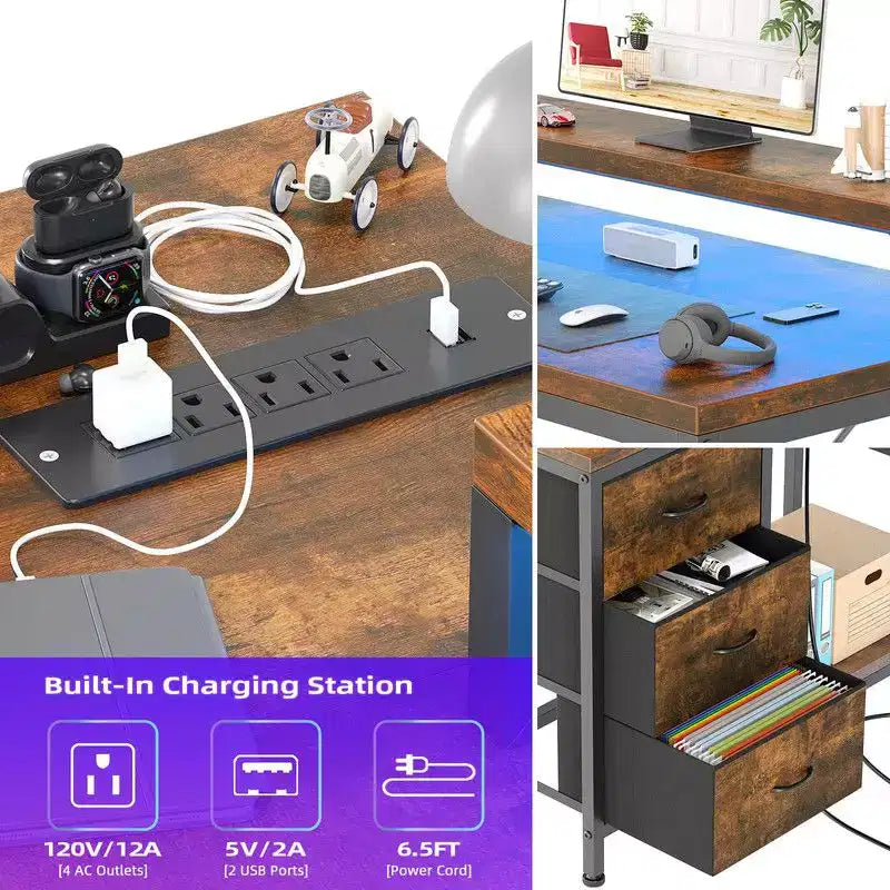 Bureau d'angle en U pour gamer, bureau d'ordinateur réversible en L avec prise de courant et bande LED