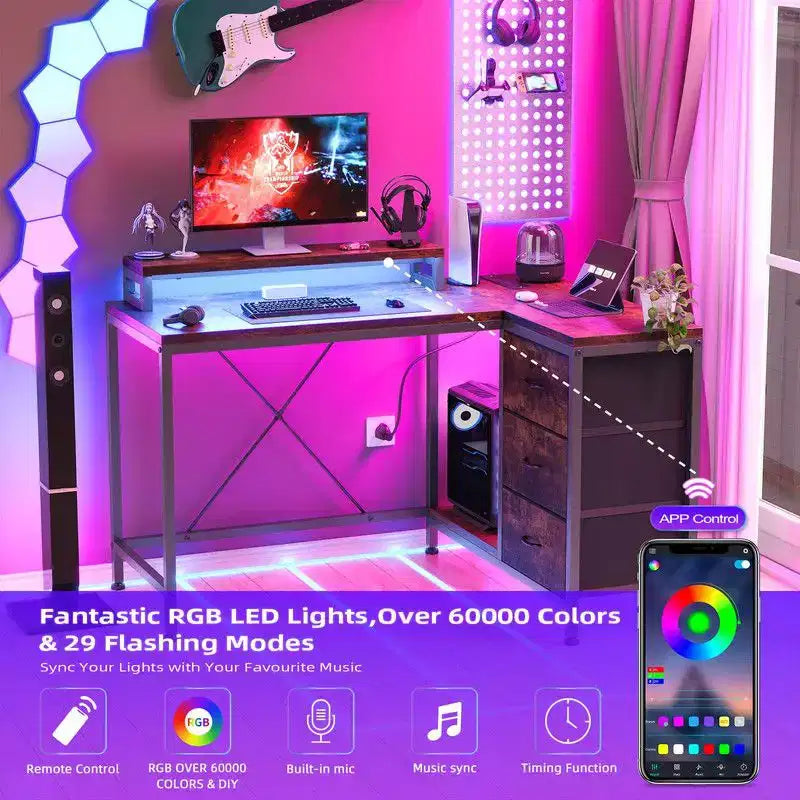 Bureau d'angle en U pour gamer, bureau d'ordinateur réversible en L avec prise de courant et bande LED