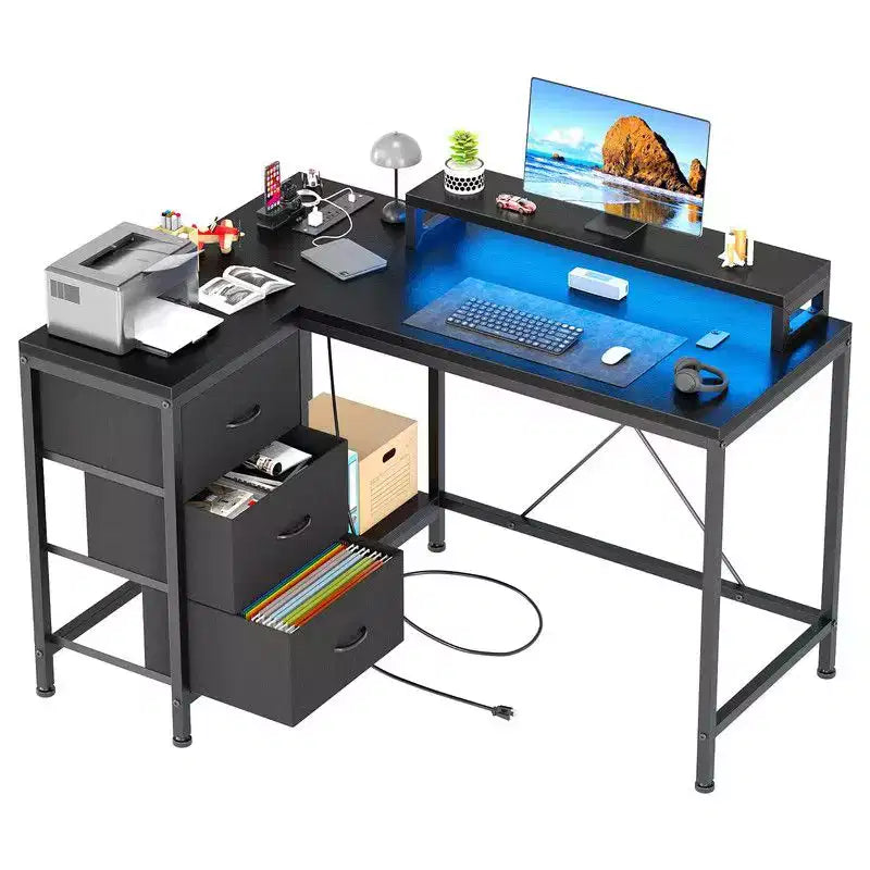 Bureau d'angle en U pour gamer, bureau d'ordinateur réversible en L avec prise de courant et bande LED