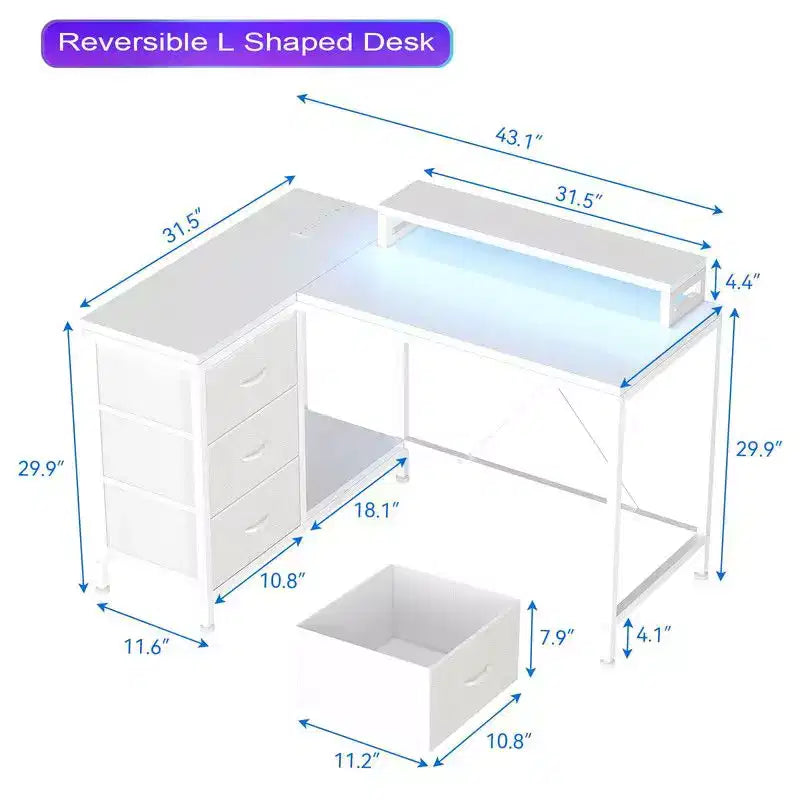 Bureau d'angle en U pour gamer, bureau d'ordinateur réversible en L avec prise de courant et bande LED