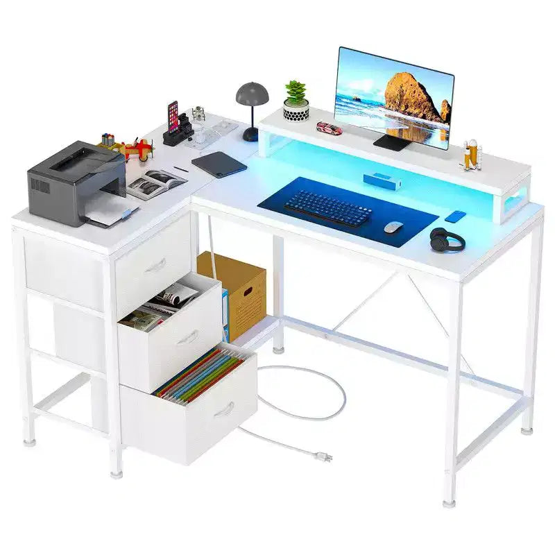 Bureau d'angle en U pour gamer, bureau d'ordinateur réversible en L avec prise de courant et bande LED
