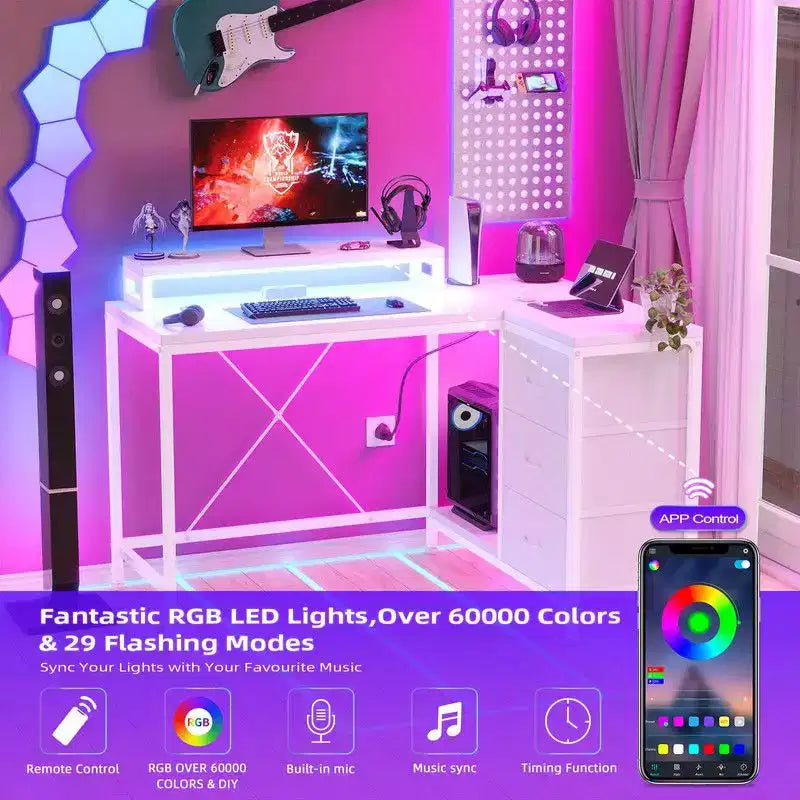Bureau d'angle en U pour gamer, bureau d'ordinateur réversible en L avec prise de courant et bande LED