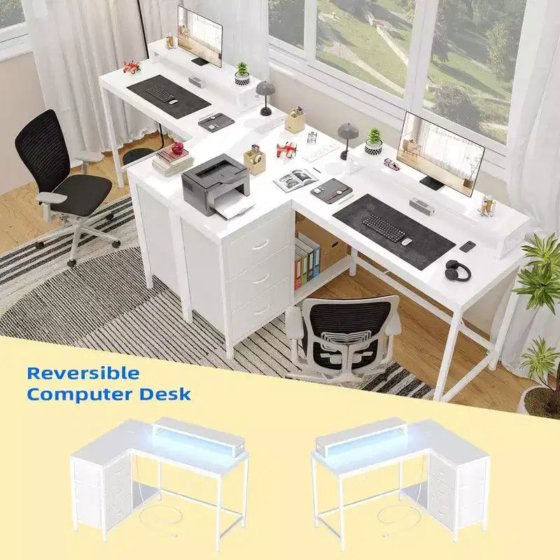 Bureau d'angle en U pour gamer, bureau d'ordinateur réversible en L avec prise de courant et bande LED