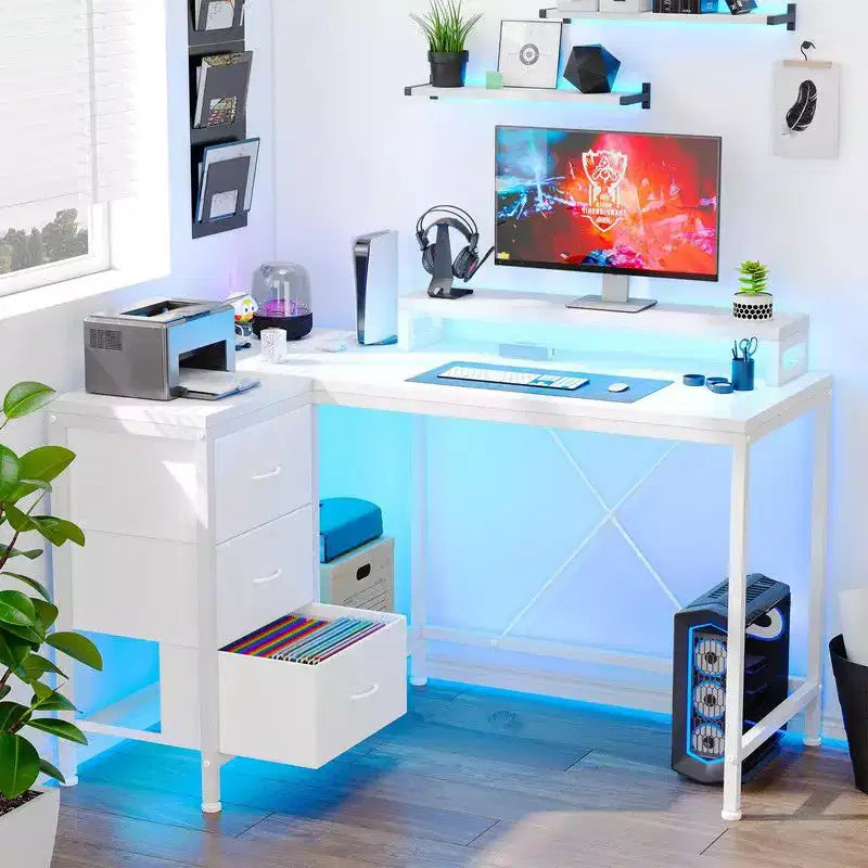 Bureau d'angle en U pour gamer, bureau d'ordinateur réversible en L avec prise de courant et bande LED