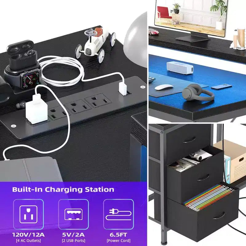 Bureau d'angle en U pour gamer, bureau d'ordinateur réversible en L avec prise de courant et bande LED