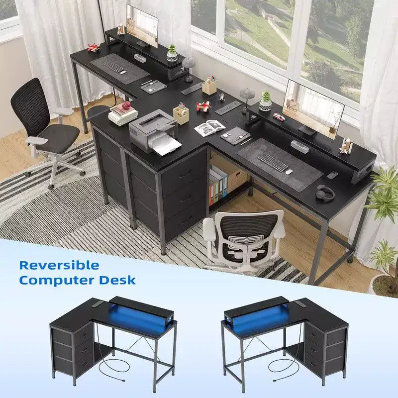 Bureau d'angle en U pour gamer, bureau d'ordinateur réversible en L avec prise de courant et bande LED