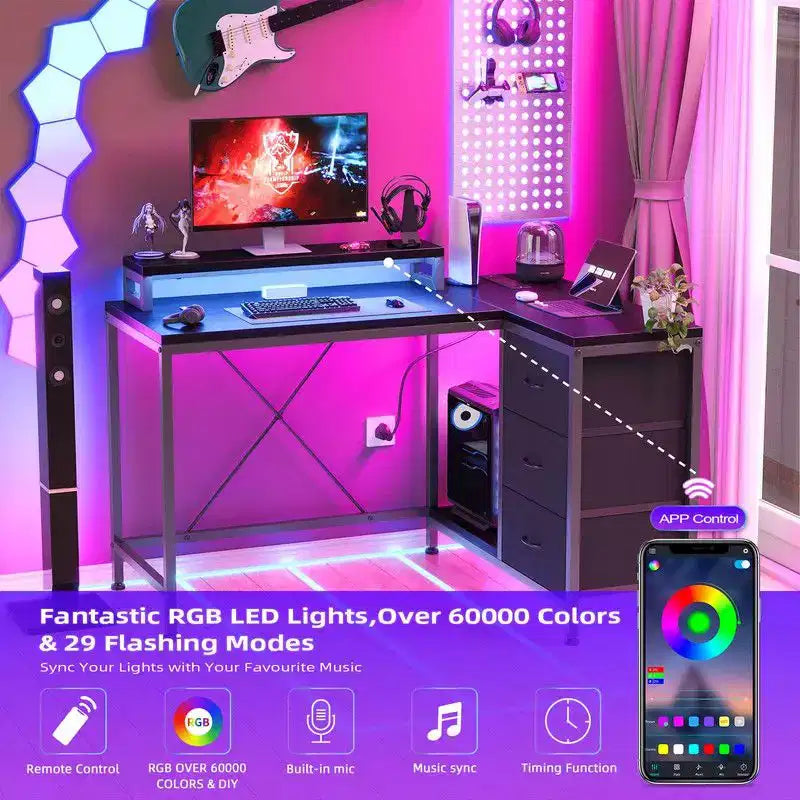 Bureau d'angle en U pour gamer, bureau d'ordinateur réversible en L avec prise de courant et bande LED