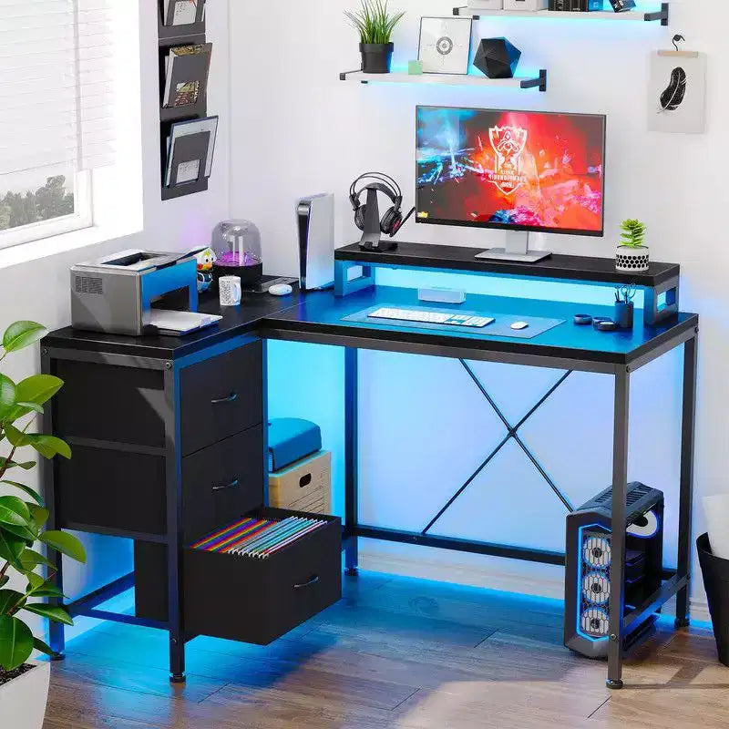 Bureau d'angle en U pour gamer, bureau d'ordinateur réversible en L avec prise de courant et bande LED