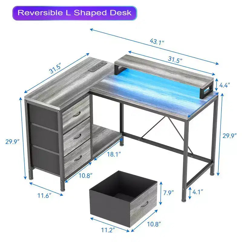 Bureau d'angle en U pour gamer, bureau d'ordinateur réversible en L avec prise de courant et bande LED