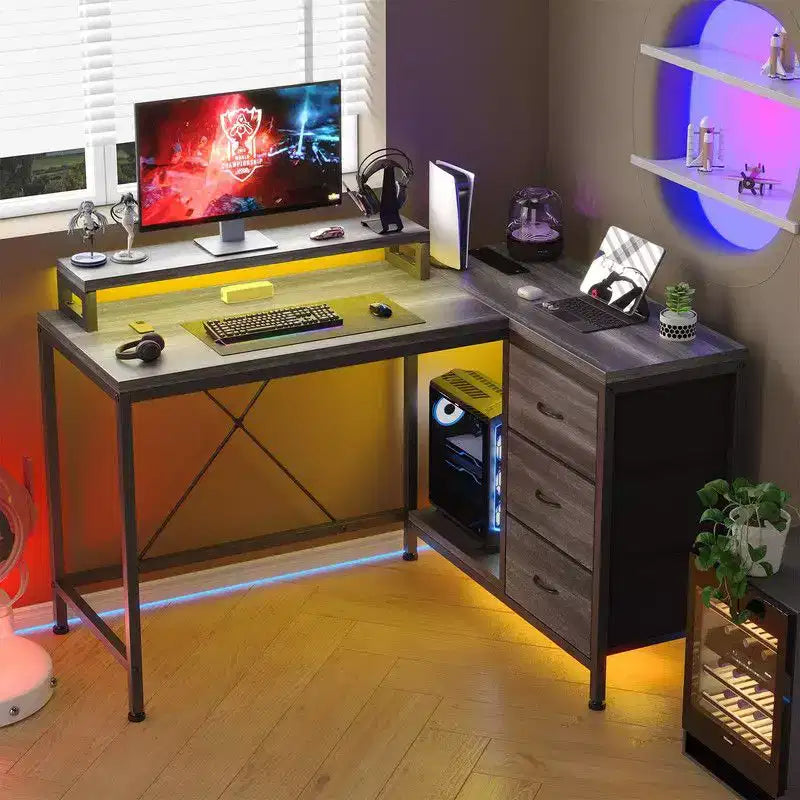 Bureau d'angle en U pour gamer, bureau d'ordinateur réversible en L avec prise de courant et bande LED