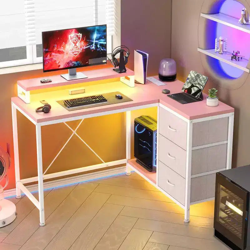Bureau d'angle en U pour gamer, bureau d'ordinateur réversible en L avec prise de courant et bande LED