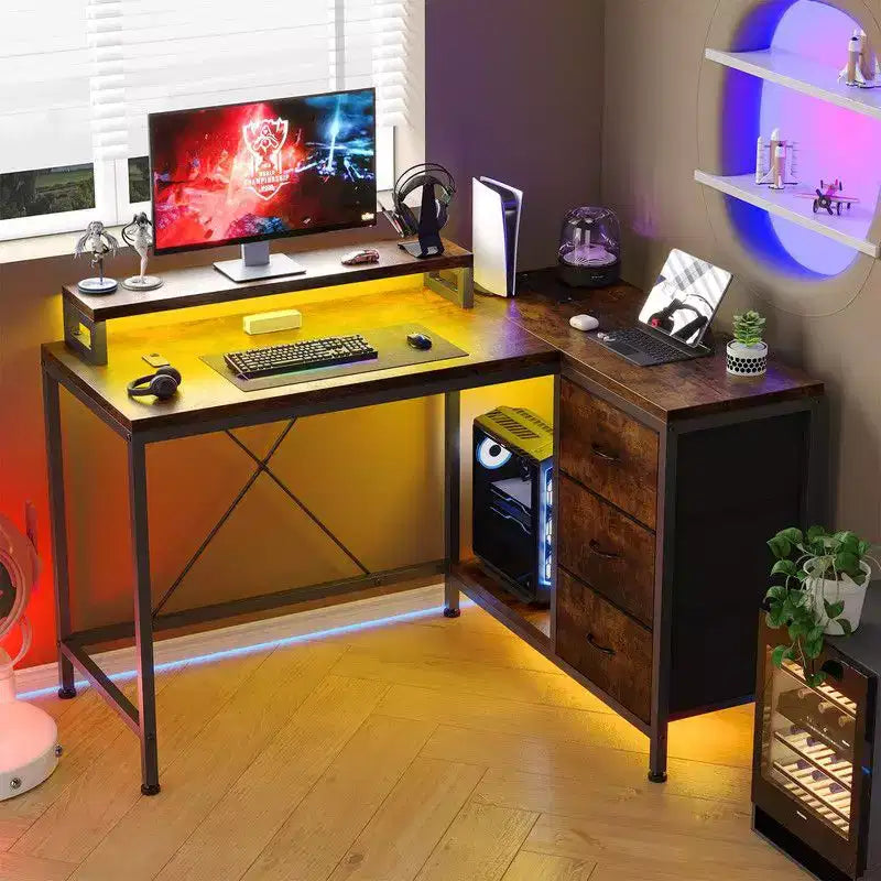 Bureau d'angle en U pour gamer, bureau d'ordinateur réversible en L avec prise de courant et bande LED