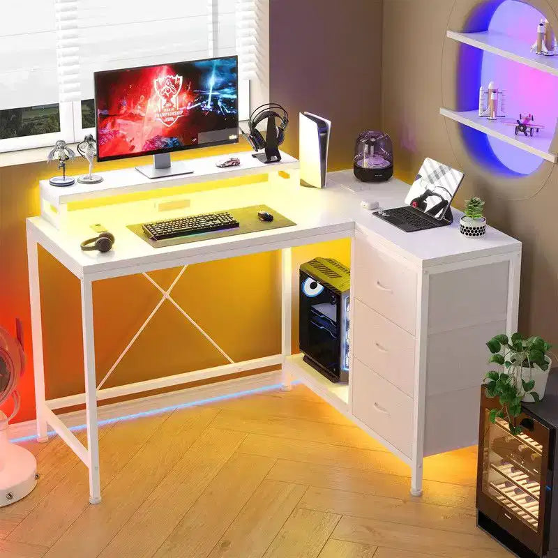 Bureau d'angle en U pour gamer, bureau d'ordinateur réversible en L avec prise de courant et bande LED