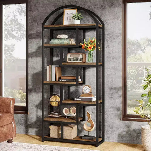 Lantine 71 Tall Arched Bookshelf, Storage Organizer with Open Display Shelves For Living Room, Bedroom, Rustic Brown & Black