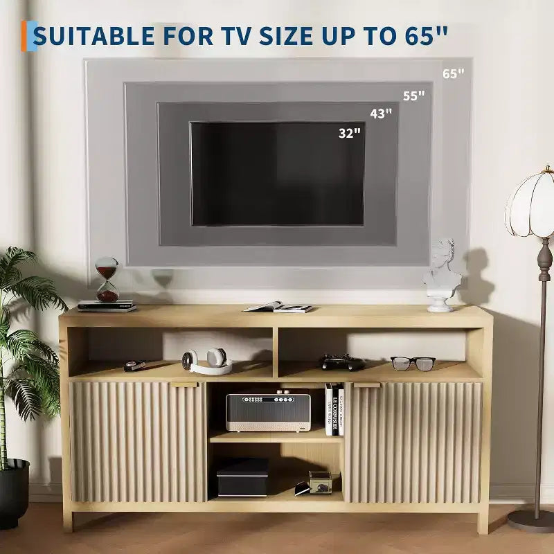 Meuble TV scandinave contemporain avec portes cannelées et rangements