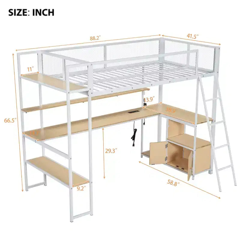 Lit mezzanine en métal une place avec poste de travail intégré et LED, cadre de lit mezzanine robuste