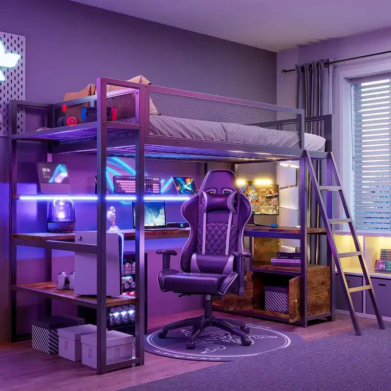 Twin Size Metal Loft Bed with Built-in Work Station and LED, Heavy Duty Loft Bed Frame with Multiple Storage