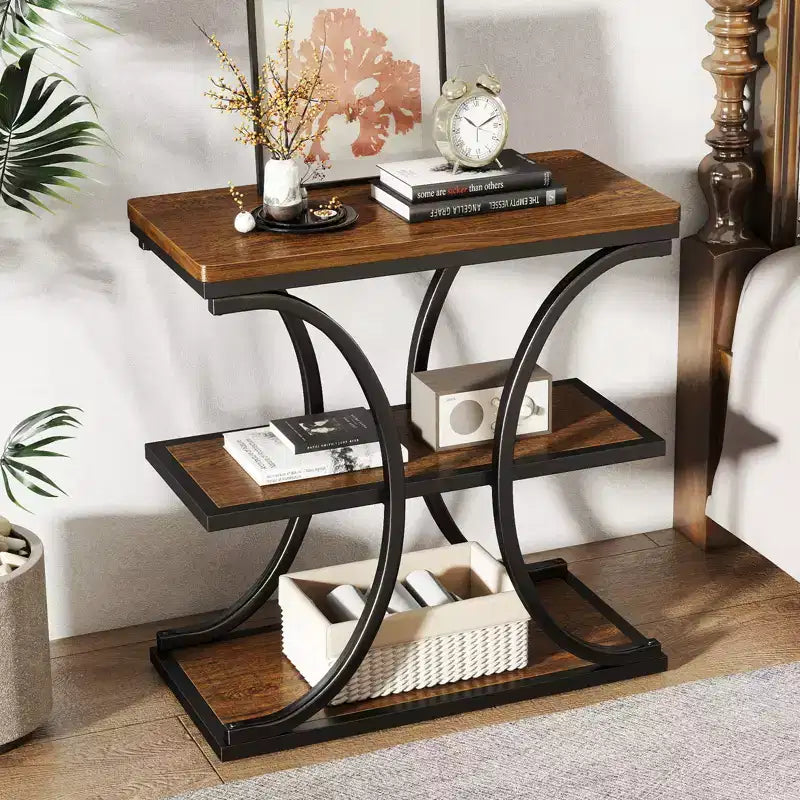 Bekrvio Heavy-Duty 3-Tier Narrow Side Table, 24 Industrial Wood Sofa End Table with Metal Frame & Storage Shelves for Living Room Bedroom (Walnut)