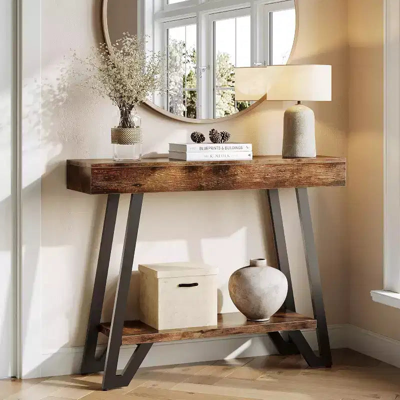 Lantine 40-Inch Console Table with Geometric Metal Frame, 2-Tier Industrial Sofa Table, for Living Room,Rustic Brown