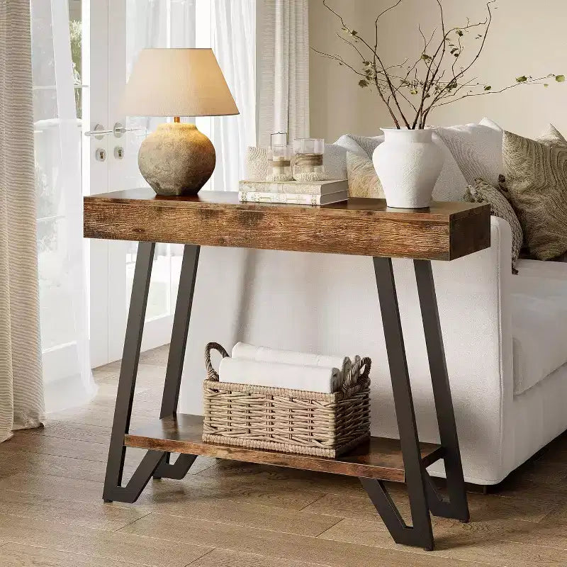Console avec cadre métallique géométrique, table de canapé industrielle à 2 niveaux