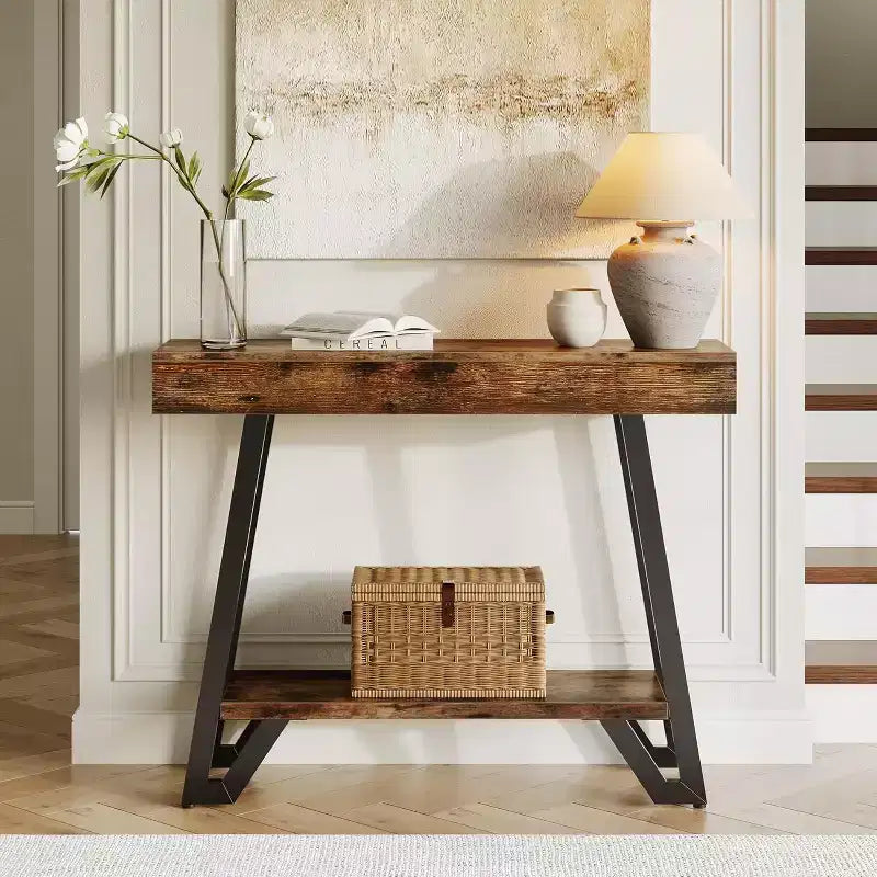 Console avec cadre métallique géométrique, table de canapé industrielle à 2 niveaux