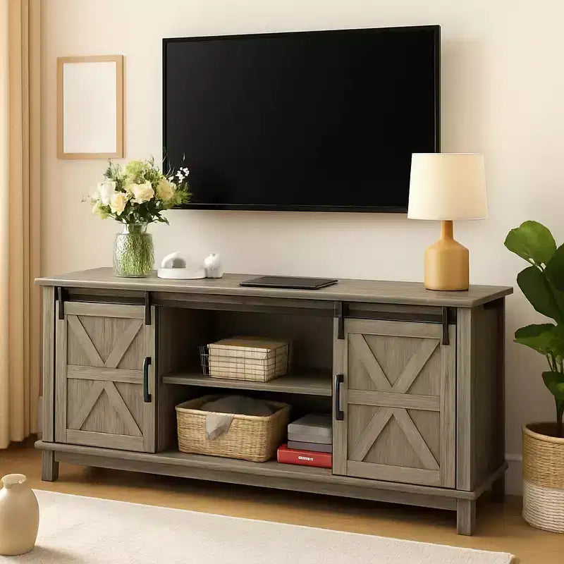 Meuble TV moderne en bois avec portes coulissantes de style grange