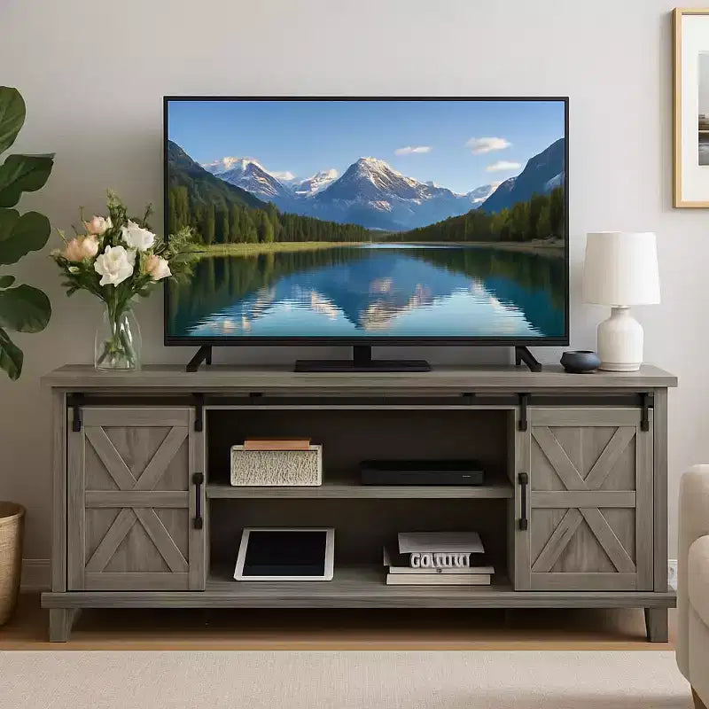 Meuble TV moderne en bois avec portes coulissantes de style grange