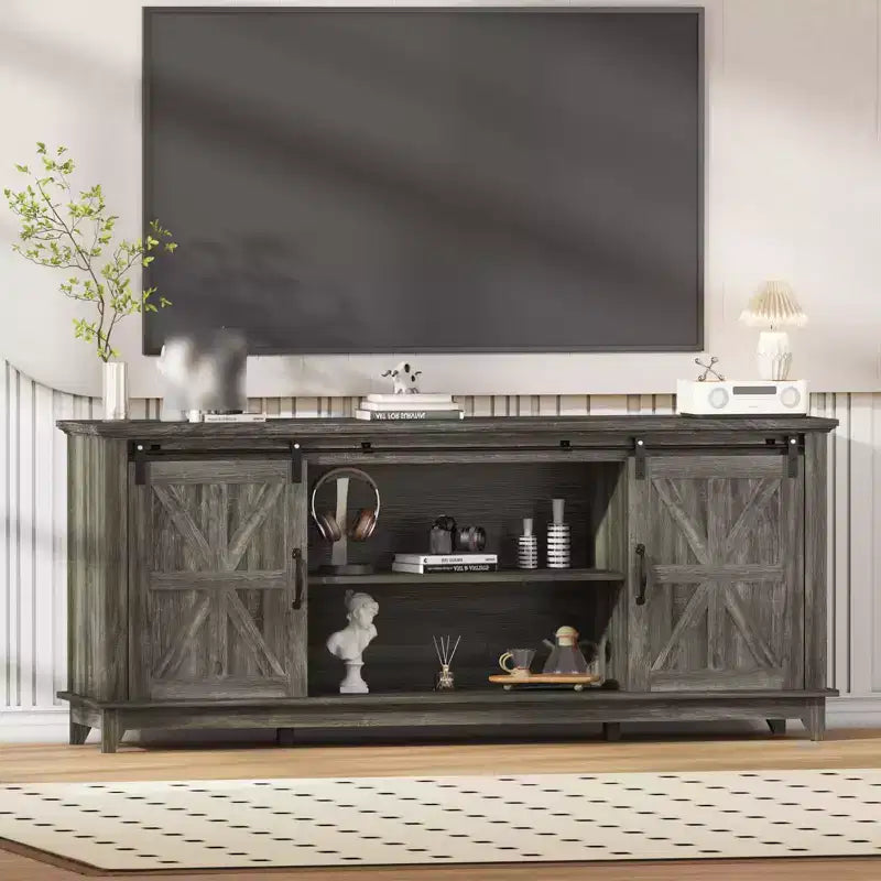 Modern TV Stand for TVs Up to 75'', Wooden Entertainment Center with Sliding Barn Doors, Media TV Console Table with Adjustable Shelf for Living Room