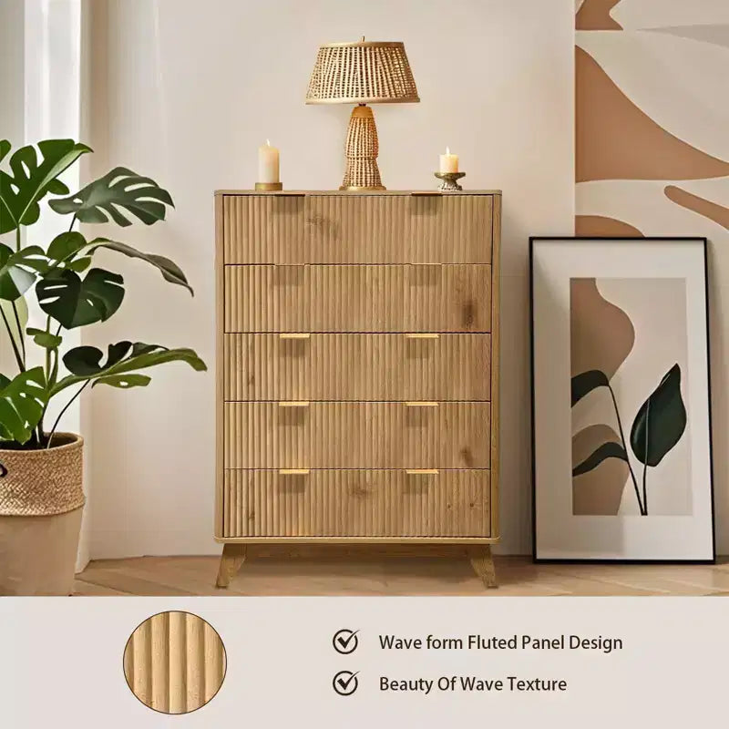 Commode, Chiffonnier - 5 Tiroirs Mid-Century Moderne avec Design Cannelé