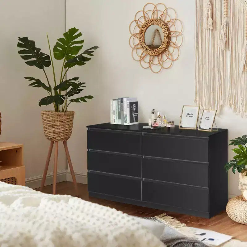 Karl Home 6-Drawer Black Particle Board 55.12in. W Chest of Drawer