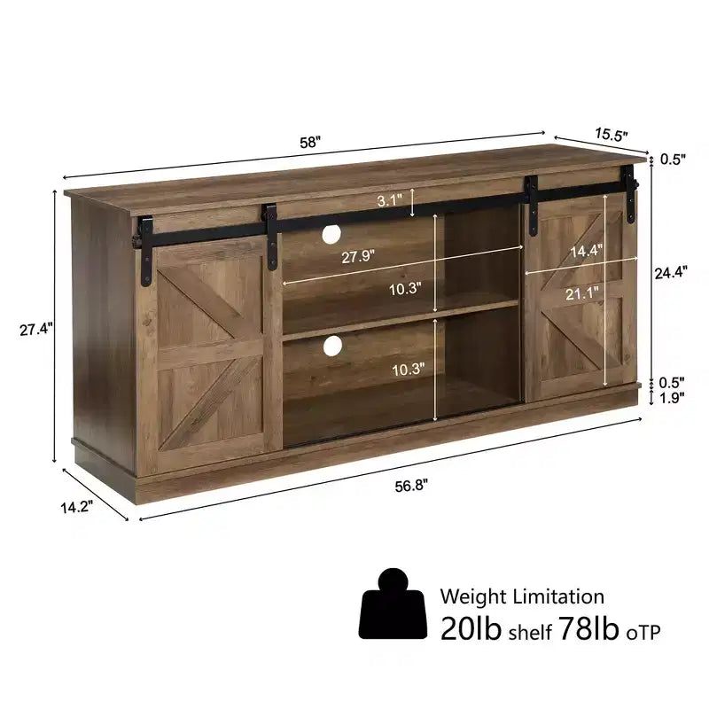 Meuble TV de style ferme avec porte coulissante de grange et rangements