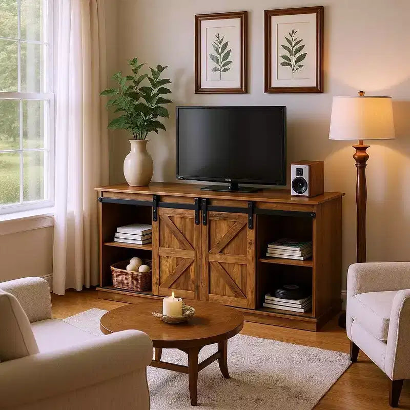 Meuble TV de style ferme avec porte coulissante de grange et rangements