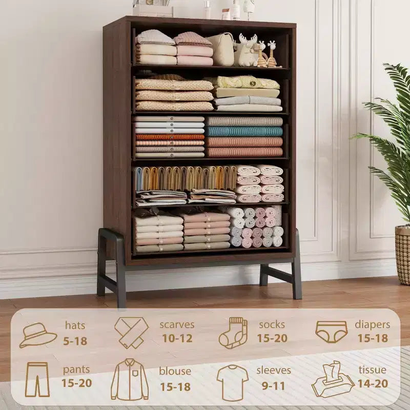 Commode à 5 tiroirs pour chambre à coucher, commode en bois avec pieds en métal