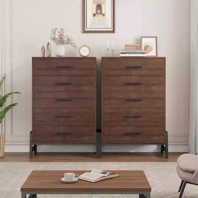 Commode à 5 tiroirs pour chambre à coucher, commode en bois avec pieds en métal