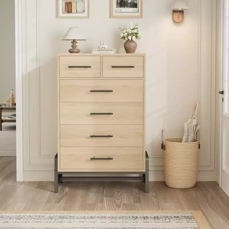 Commode à 5 tiroirs pour chambre à coucher, commode en bois avec pieds en métal