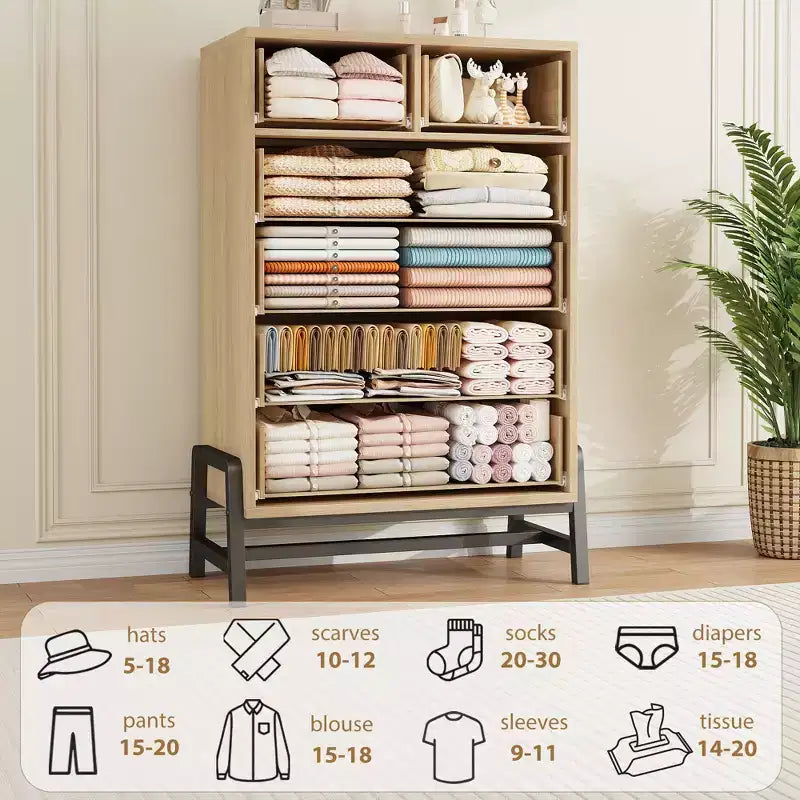 Commode à 5 tiroirs pour chambre à coucher, commode en bois avec pieds en métal