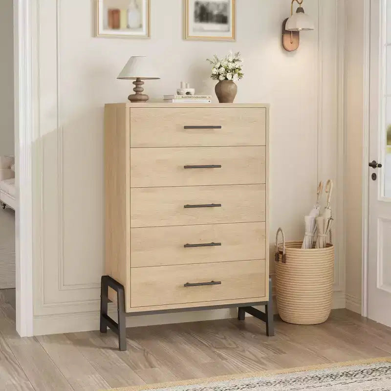 Commode à 5 tiroirs pour chambre à coucher, commode en bois avec pieds en métal