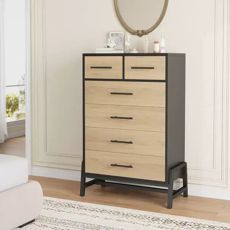 Commode à 5 tiroirs pour chambre à coucher, commode en bois avec pieds en métal