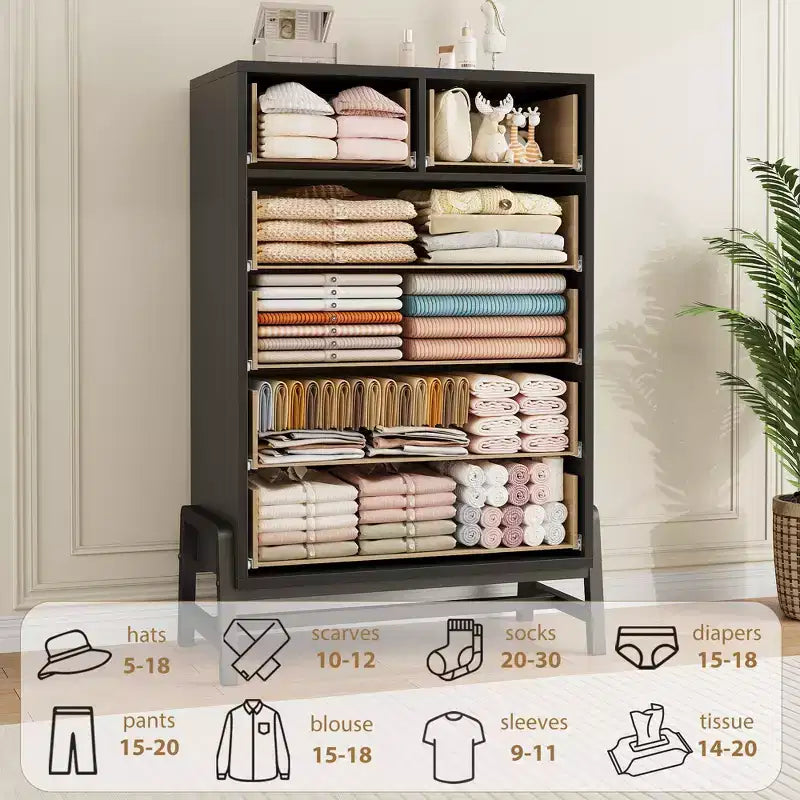Commode à 5 tiroirs pour chambre à coucher, commode en bois avec pieds en métal