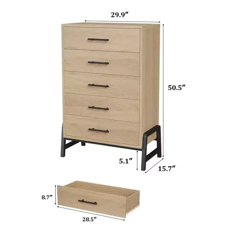 Commode à 5 tiroirs pour chambre à coucher, commode en bois avec pieds en métal
