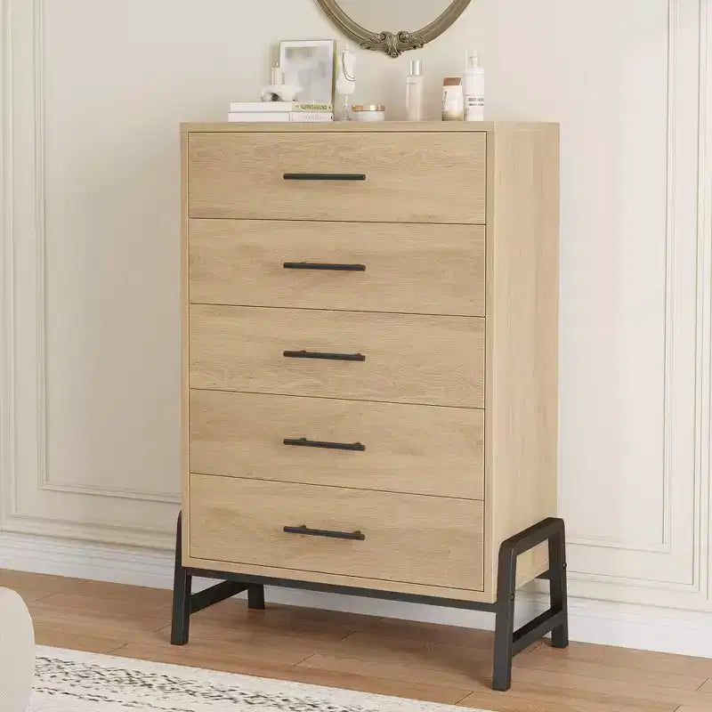 Commode à 5 tiroirs pour chambre à coucher, commode en bois avec pieds en métal