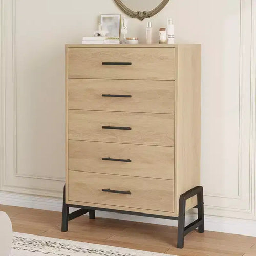 Commode à 5 tiroirs pour chambre à coucher, commode en bois avec pieds en métal