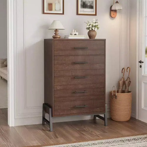 5 Drawer Dresser for Bedroom, Wood Chest of Drawers with Metal Legs, Freestanding Clothes Storage Organizer, Dresser Narrow Nightstand
