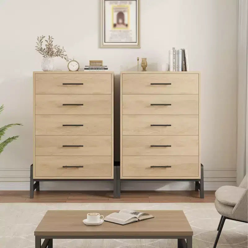 Commode à 5 tiroirs pour chambre à coucher, commode en bois avec pieds en métal
