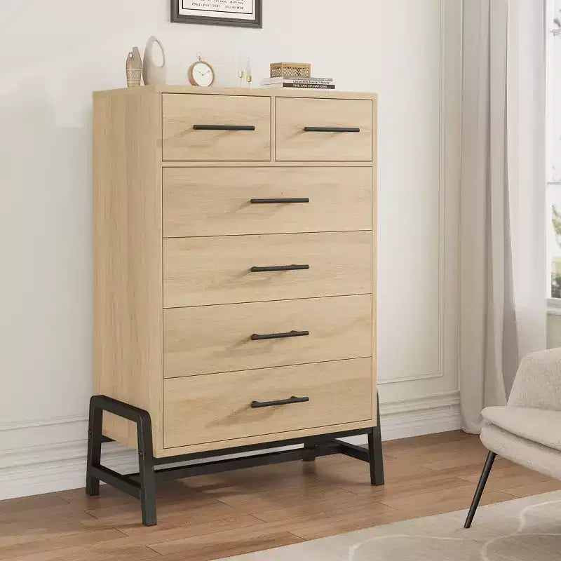 Commode à 5 tiroirs pour chambre à coucher, commode en bois avec pieds en métal